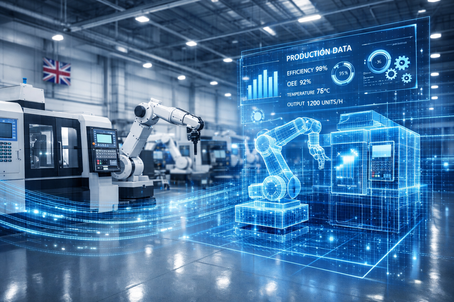 Digital twin strategy for UK manufacturing showing virtual replica of production line with real-time data