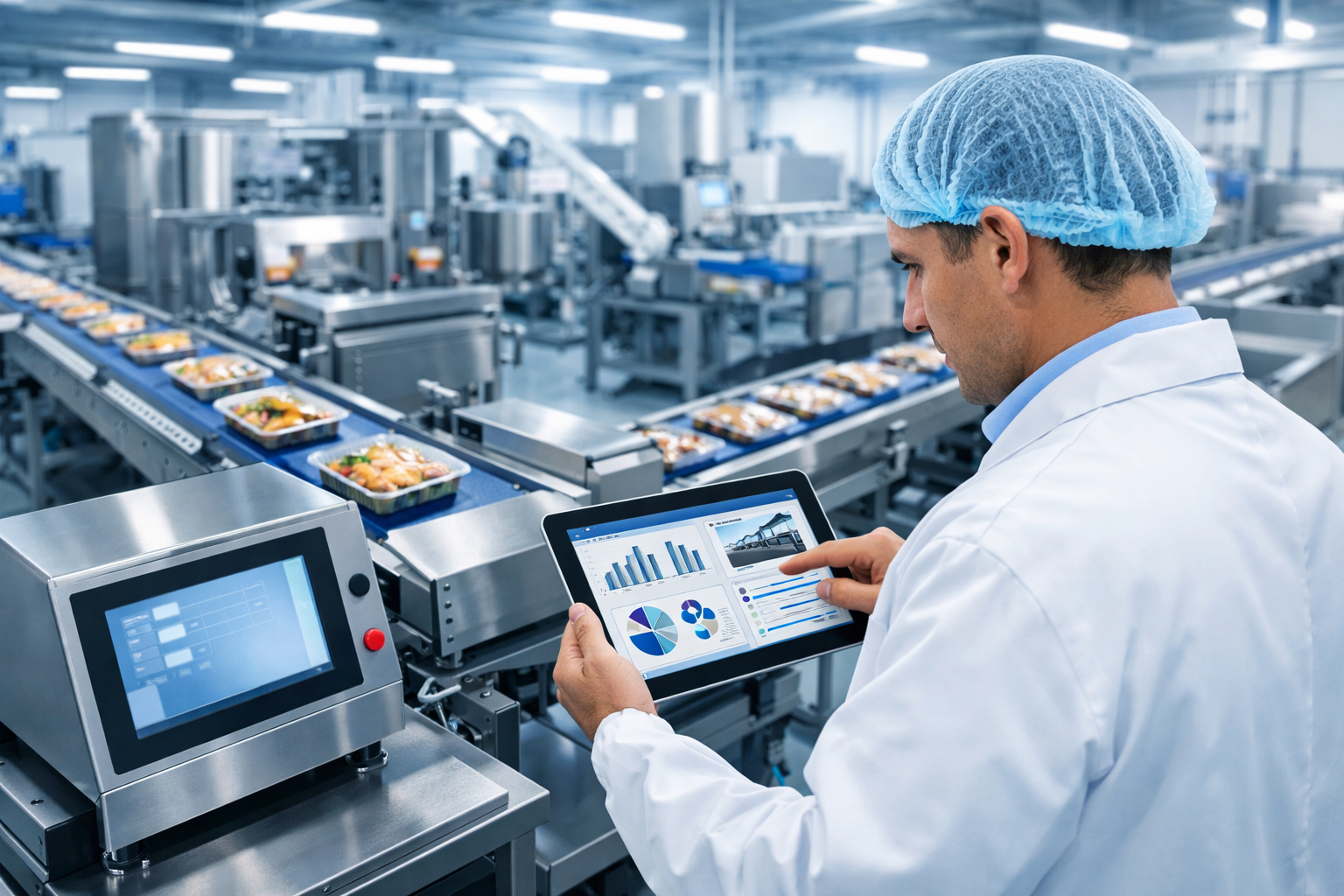 ERP selection for food manufacturers UK showing digital traceability and quality control on a food production line