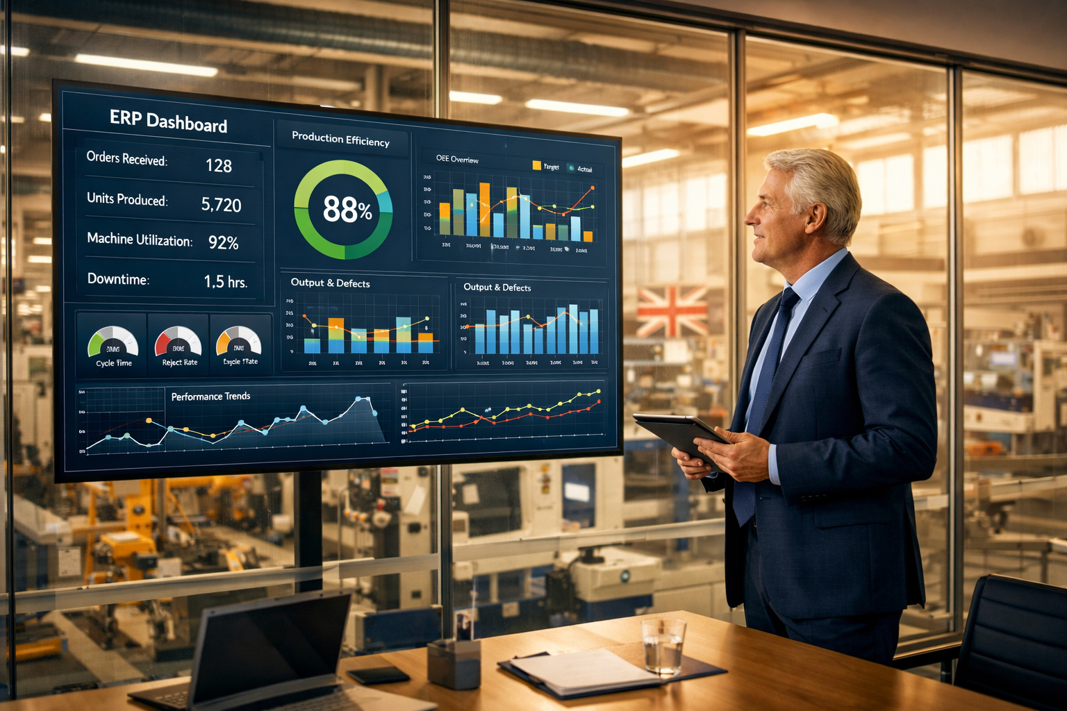 Fractional CIO for manufacturers UK reviewing production ERP dashboard in a modern factory meeting room