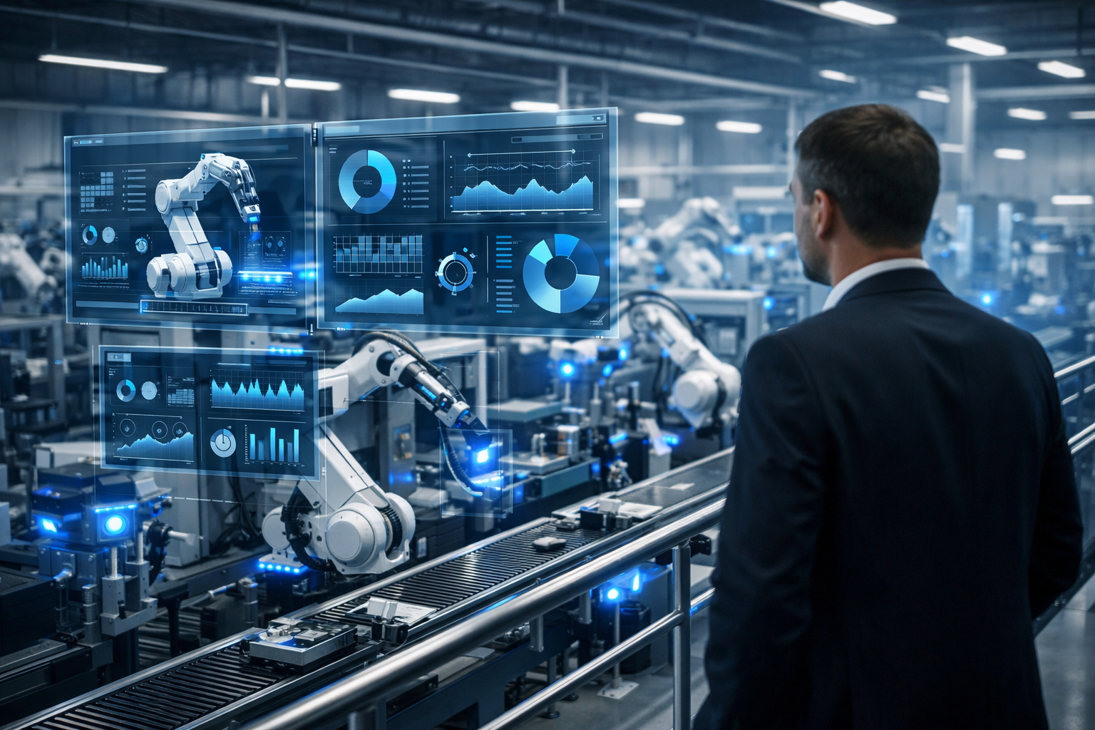 Industry 4.0 IT strategy for UK manufacturers showing smart factory with data analytics and automated production line