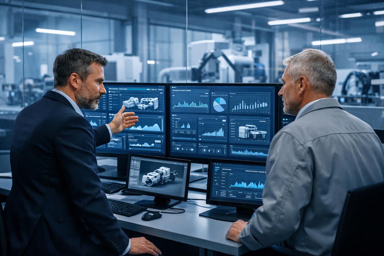 Manufacturing IT consultant reviewing production data and IT systems with a factory manager in a UK manufacturing facility