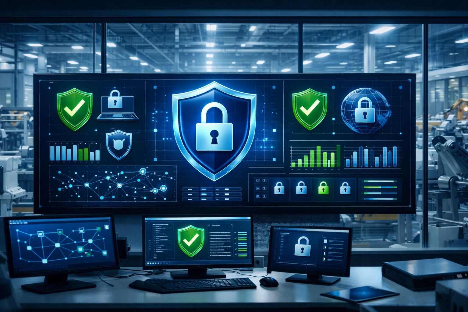 Cyber Essentials Plus manufacturing UK guide dashboard in factory IT office