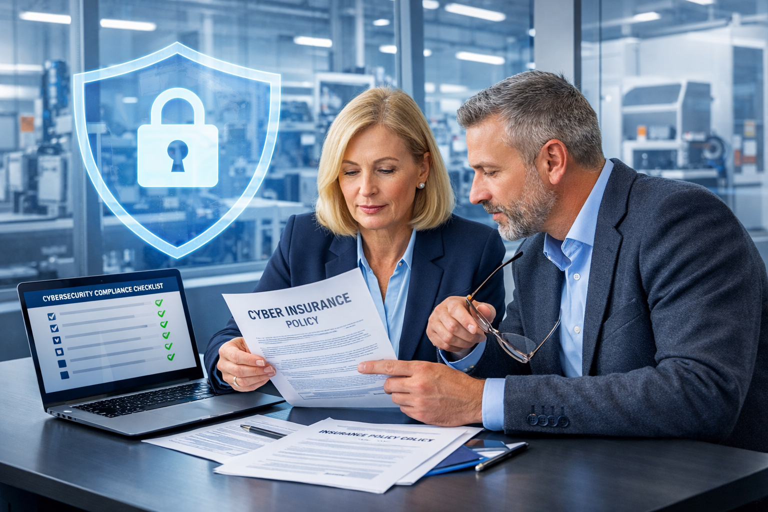 Cybersecurity insurance requirements for UK manufacturers showing compliance checklist and policy review