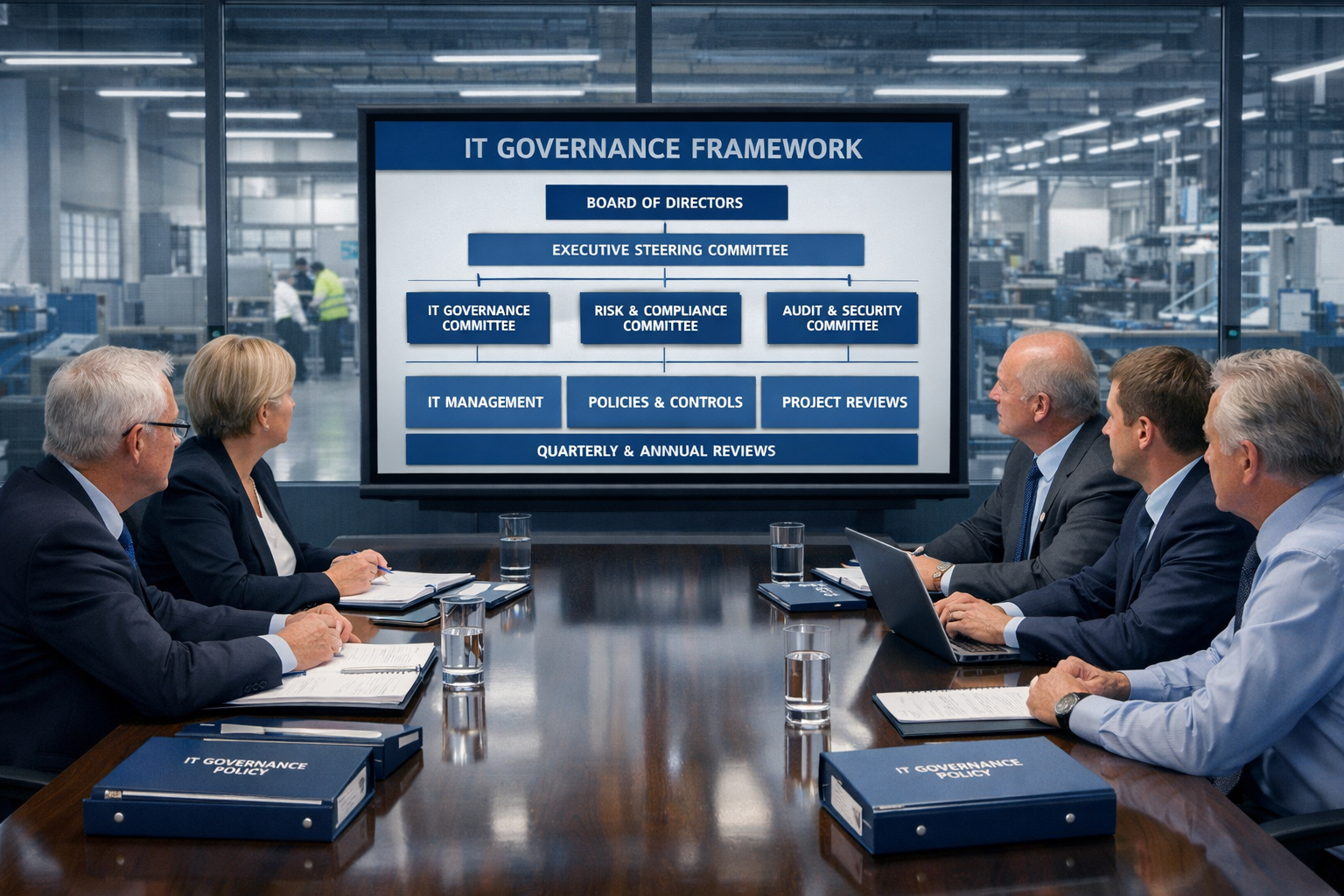 IT governance framework for UK manufacturing SMEs showing board oversight structure and review cycles