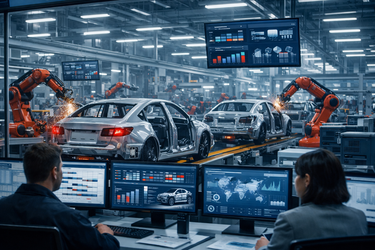 IT strategy automotive manufacturers UK Tier 1 supplier shop floor with robotic welding and supplier dashboard