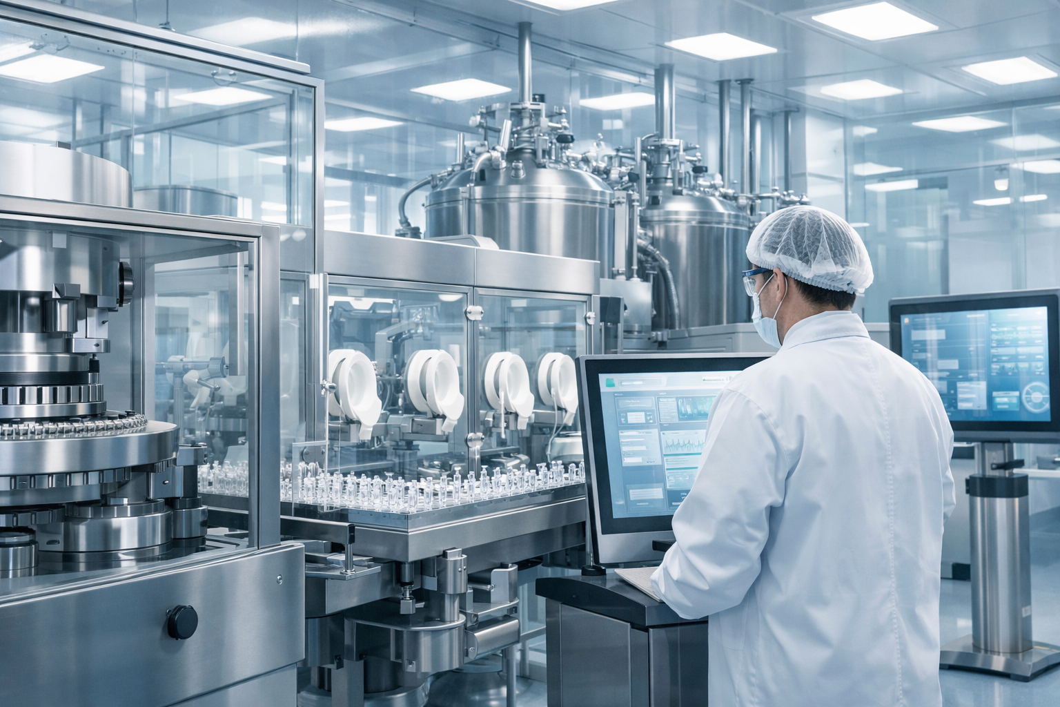 IT strategy pharmaceutical manufacturers UK clean room with vial filling line and validated batch record dashboard