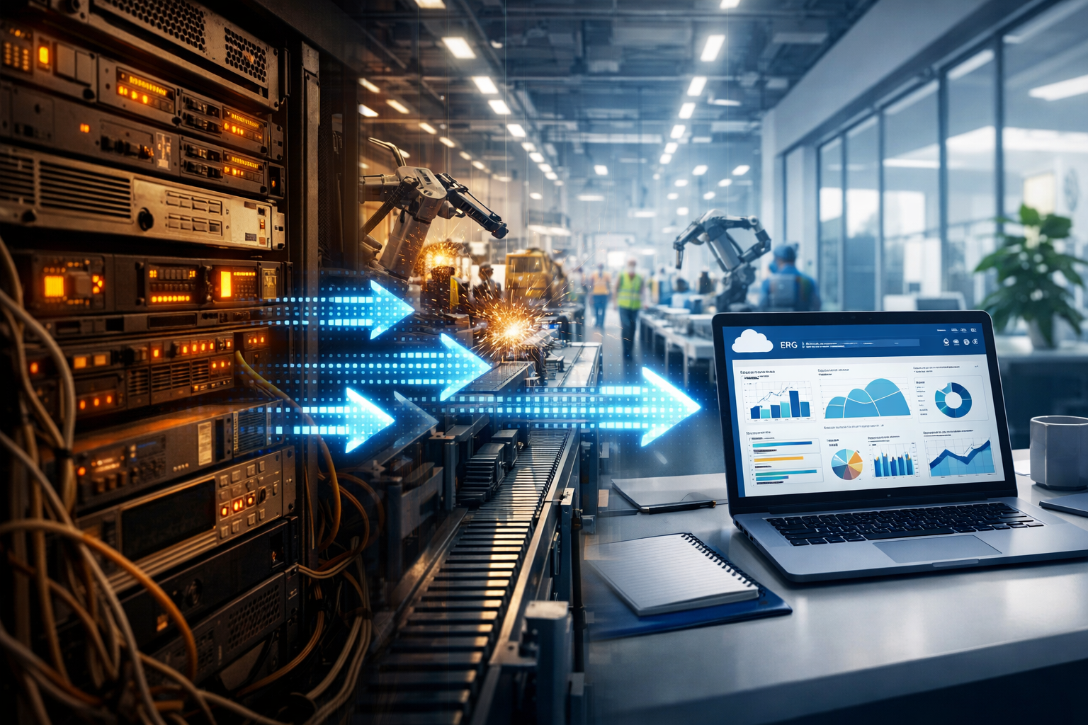 Legacy system migration in UK manufacturing showing transition from old servers to modern ERP while production continues