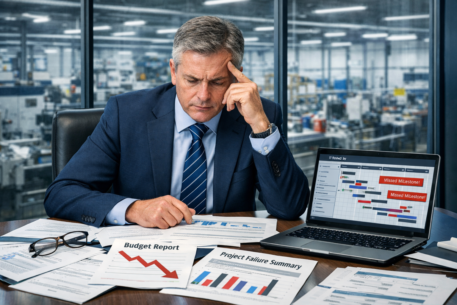 Manufacturing CEO reviewing failed IT strategy outcomes and budget reports