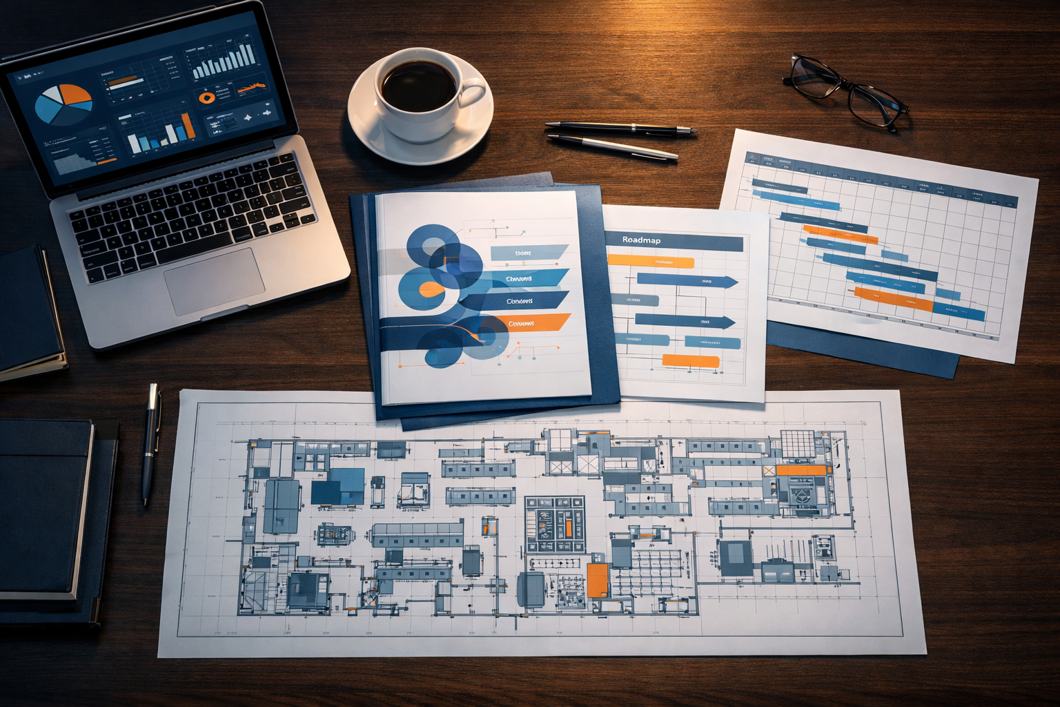 Manufacturing IT strategy document template on executive desk with roadmap and factory plan