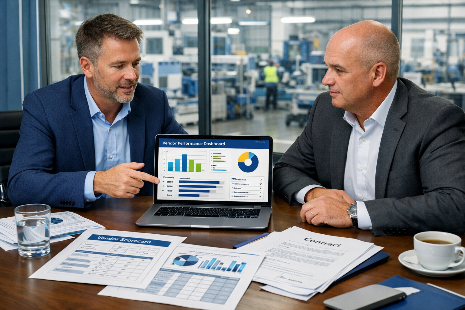 Manufacturing IT vendor audit checklist showing vendor performance review with scorecards and contracts