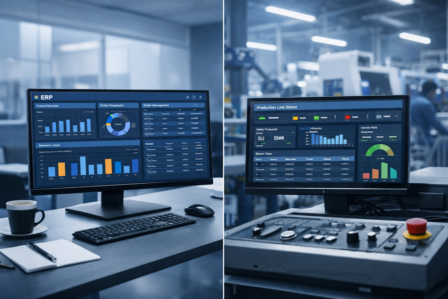 MES vs ERP comparison for UK manufacturing showing business planning and shop floor execution systems