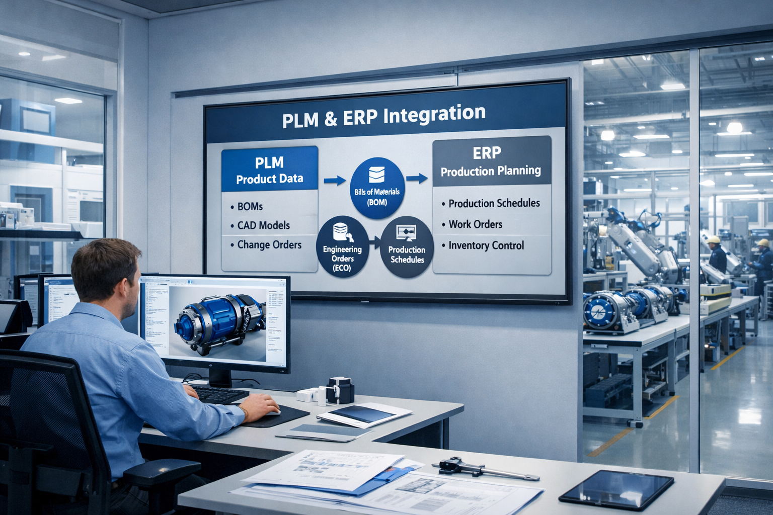 PLM ERP integration in manufacturing showing data flow from product design to production planning