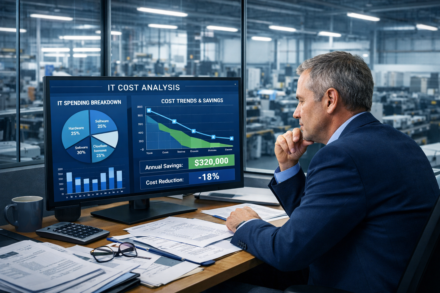 Manufacturing finance director reviewing IT cost reduction strategies and savings analysis