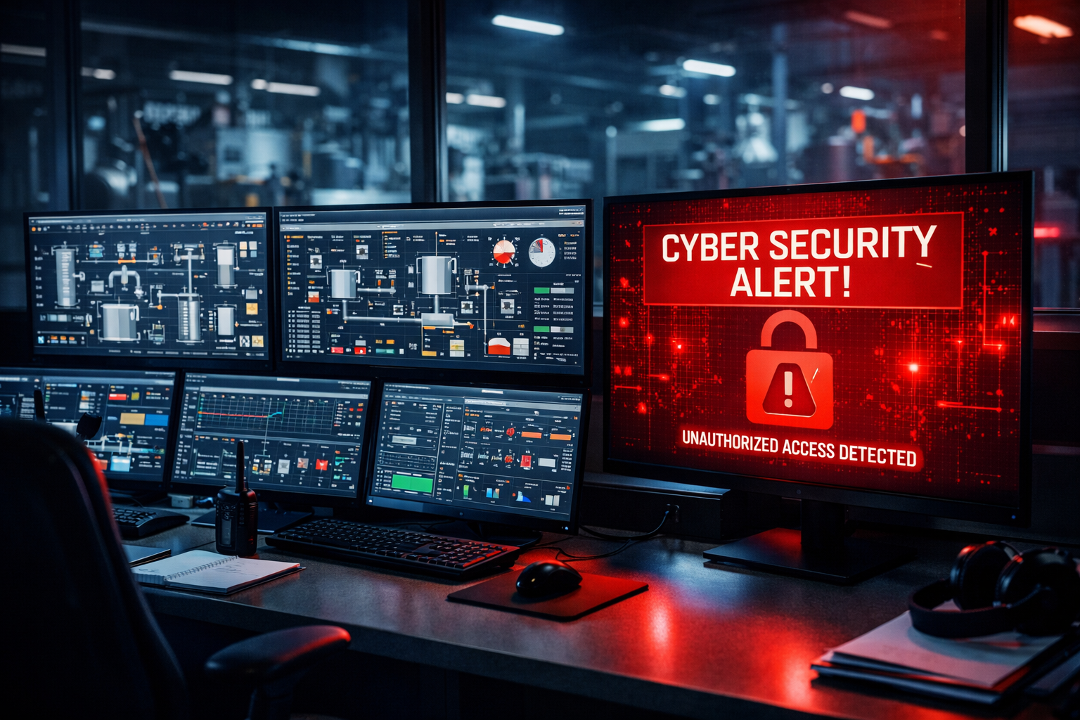 SCADA security risks in UK manufacturing showing industrial control system monitoring screens