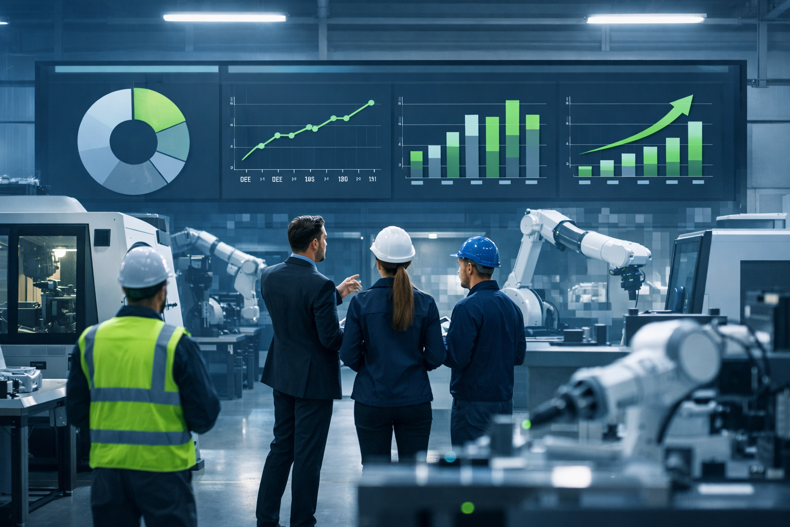 Smart factory business case ROI UK manufacturing dashboard with shop floor team reviewing OEE metrics