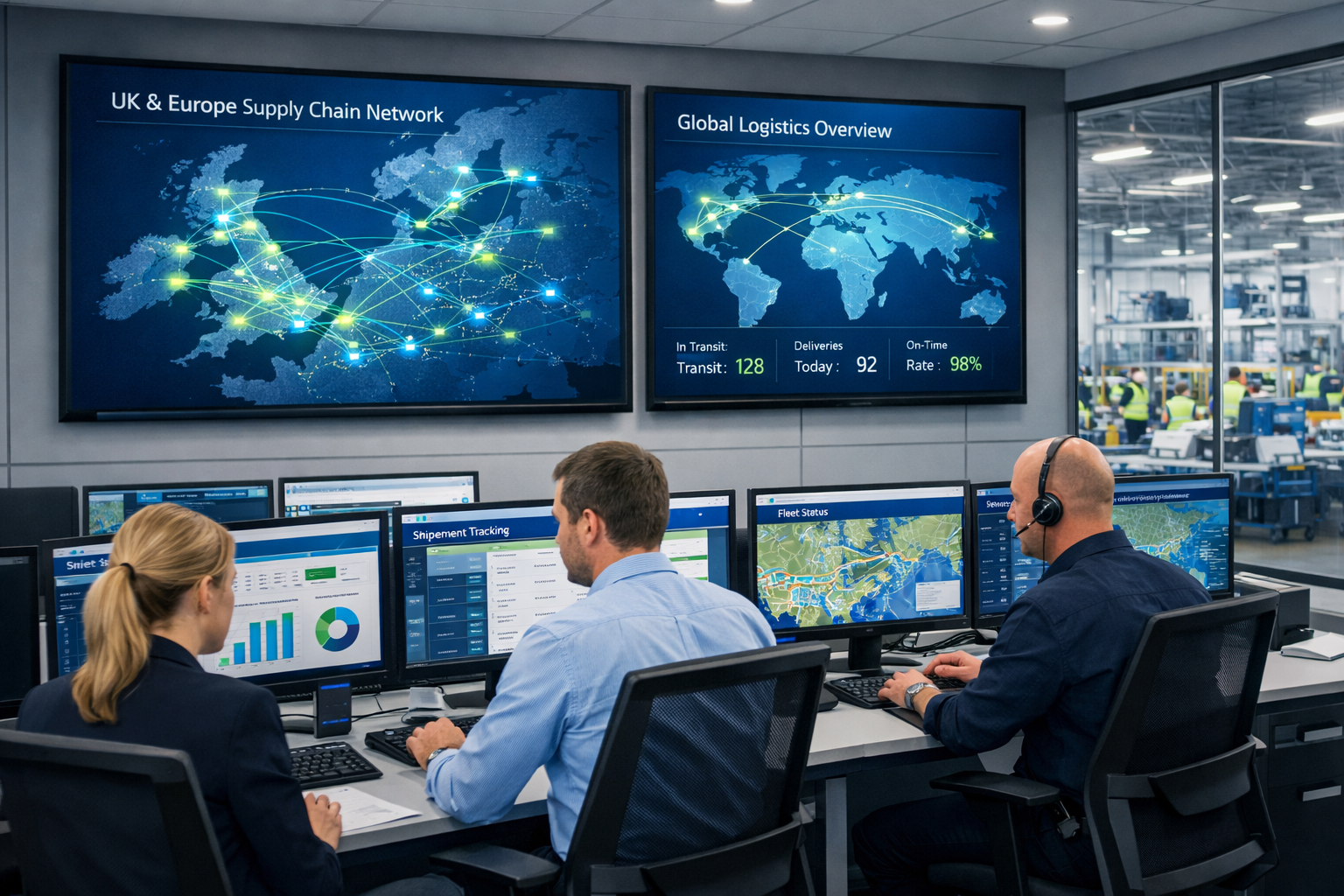 Supply chain visibility IT systems for UK manufacturing showing real-time network monitoring