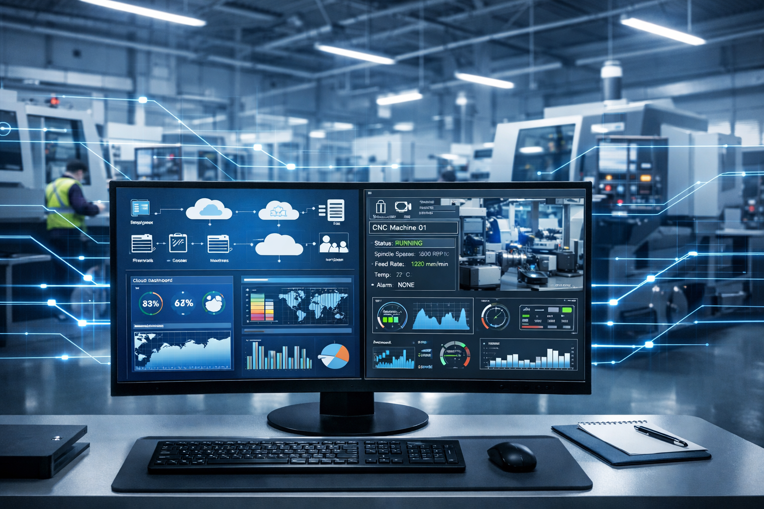 IT-OT convergence in manufacturing showing integration of business systems and factory floor operational technology
