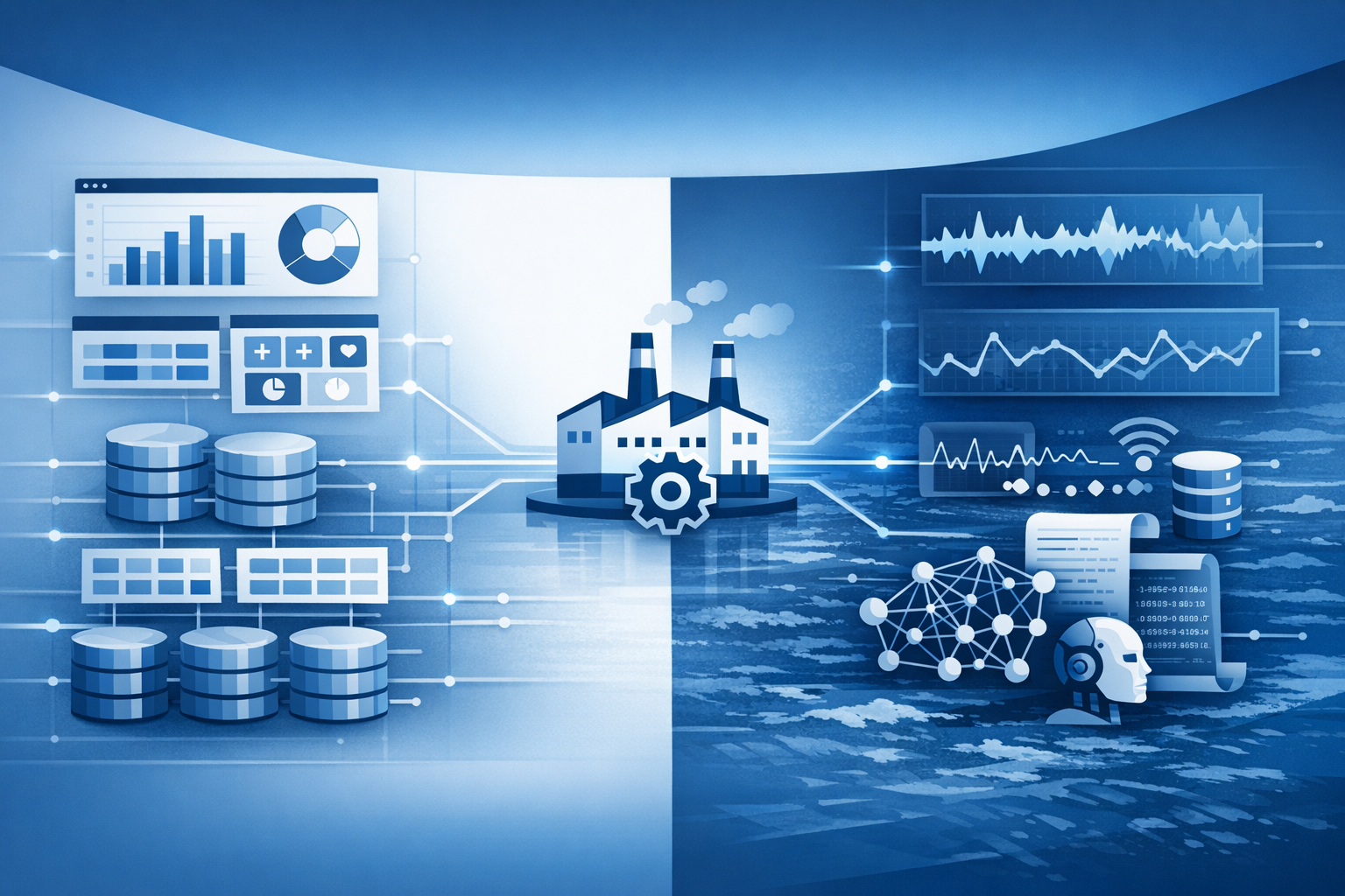 Data lake vs data warehouse manufacturing UK: split-screen architecture comparing structured BI data warehouse with raw IoT and ML data lake feeding a UK factory