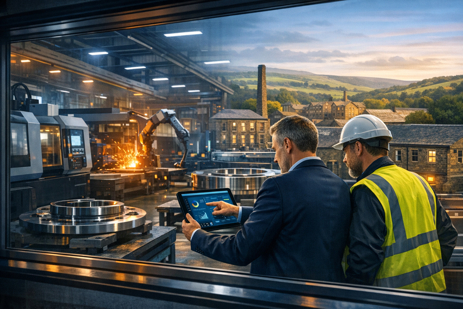 Fractional CIO Yorkshire UK manufacturing reviewing dashboard with Yorkshire factory manager and Pennine hills in the background
