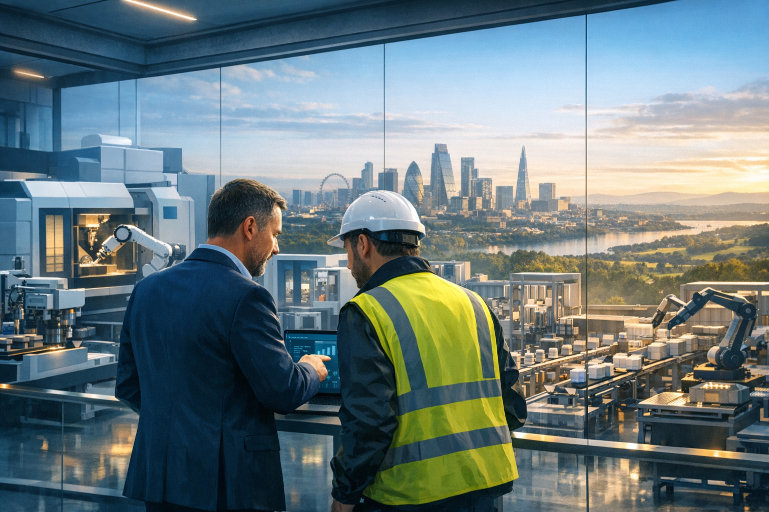 Fractional IT director London South East manufacturing reviewing dashboard with factory manager and London skyline through workshop window