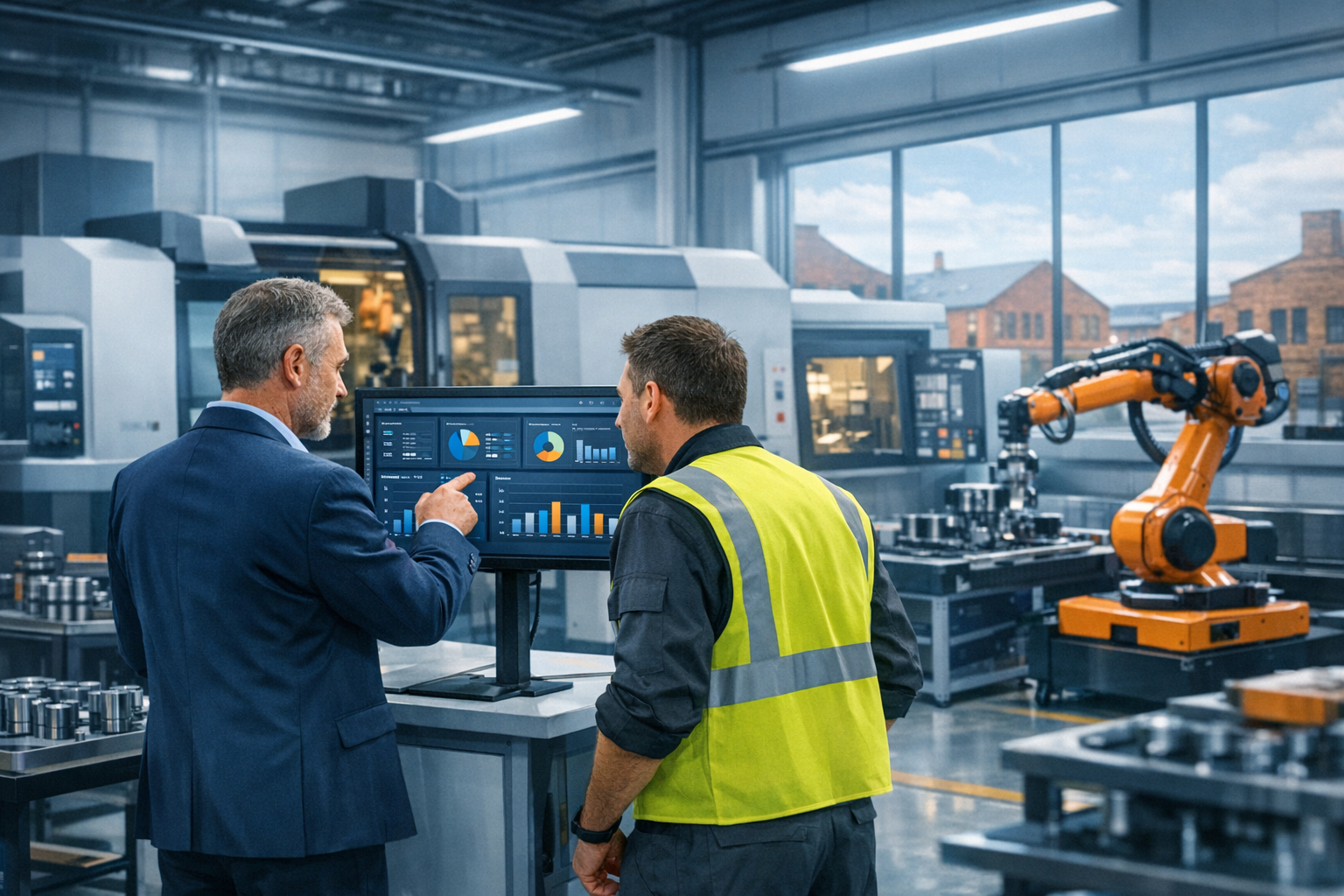 Fractional IT director Midlands UK manufacturing reviewing dashboard with operations manager in a Birmingham factory