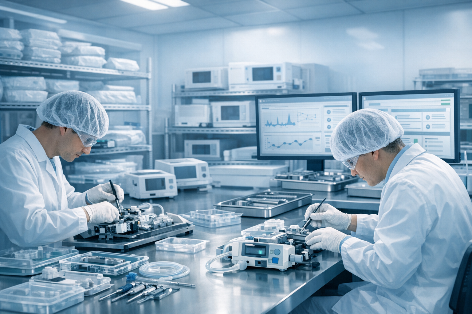 IT strategy medical device manufacturers UK cleanroom assembly with technicians and validated dashboard
