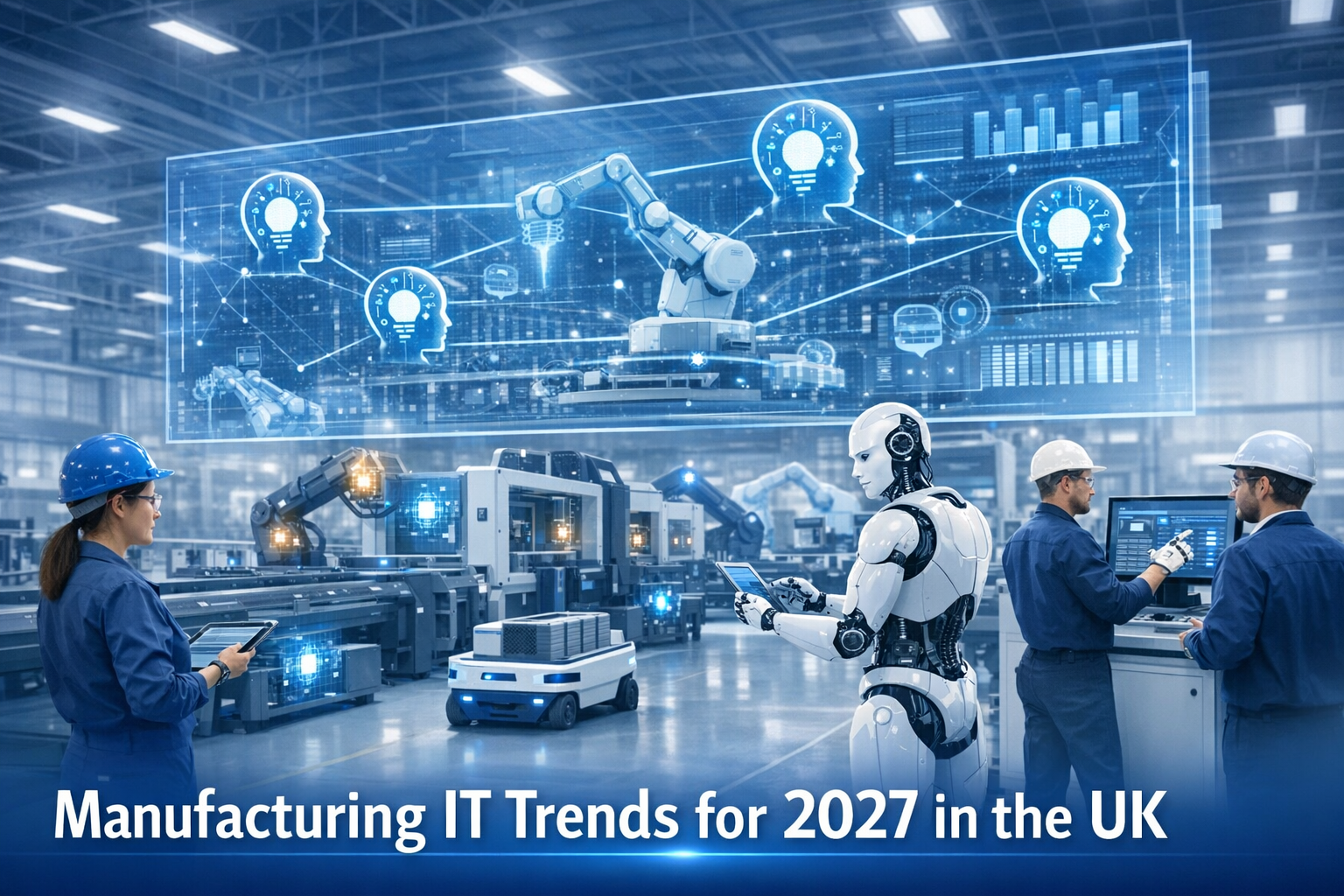 Manufacturing IT trends 2027 UK: factory floor with autonomous mobile robots, humanoid robot and engineers operating alongside live digital twin overlay and AI agent network