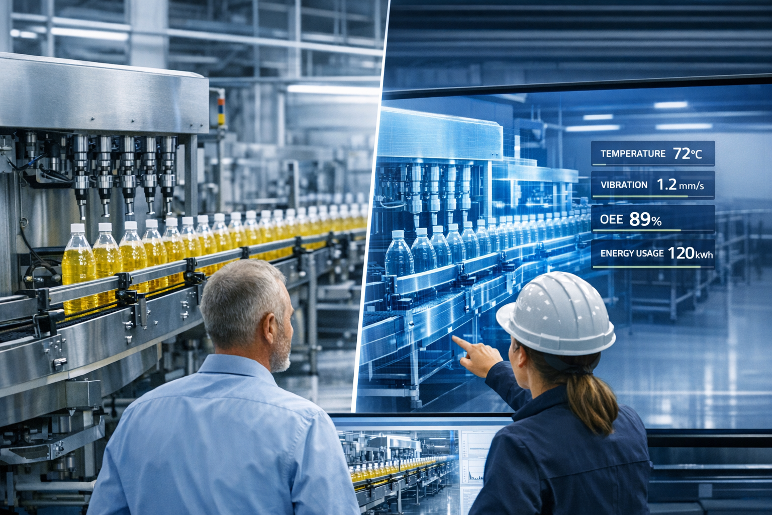 What is a digital twin in manufacturing UK guide: split-screen of real production line and live virtual replica showing temperature, vibration, OEE and energy KPIs