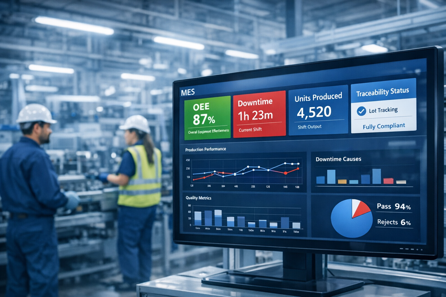 What is MES in manufacturing UK guide: live MES dashboard on factory floor showing OEE, downtime, units produced and traceability status