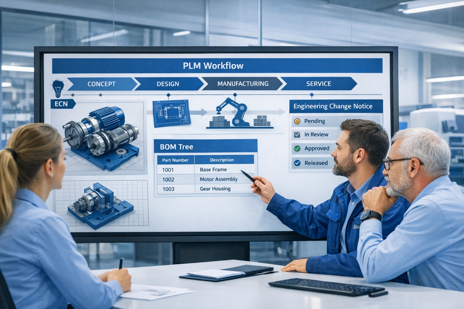 What is PLM in manufacturing UK guide: PLM workflow display showing concept, design, manufacturing and service stages with CAD, BOM tree and engineering change notice status