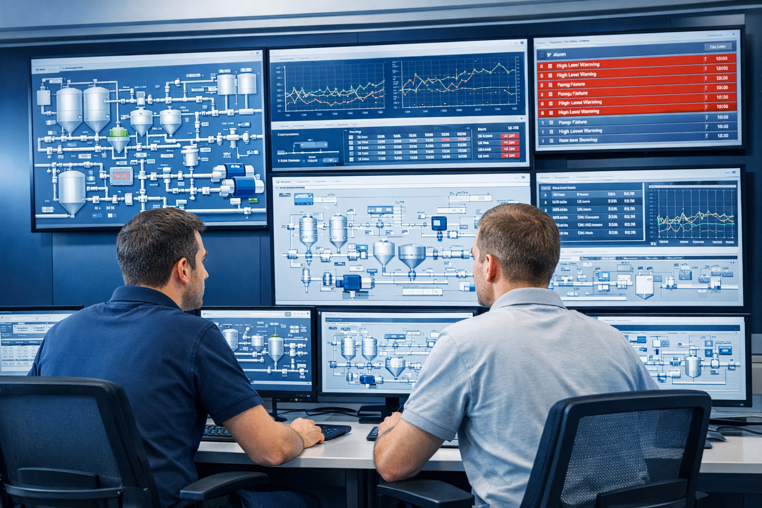 What is SCADA in manufacturing UK guide: SCADA control room showing process mimics, trend graphs and alarm panels with two operators