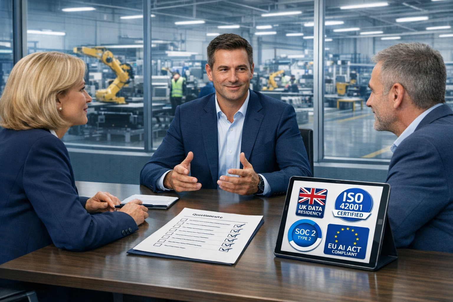 AI vendor due diligence UK manufacturer: procurement, IT director and AI vendor discussing a printed questionnaire with tickboxes and a tablet showing UK data residency, ISO 42001, SOC 2 Type 2 and EU AI Act compliance badges, with a UK factory floor visible through the meeting room glass