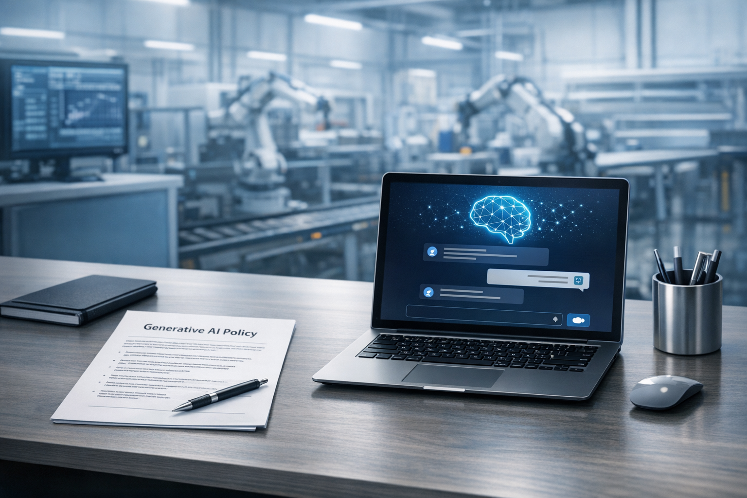 Generative AI policy UK manufacturer template on a desk in a manufacturing facility