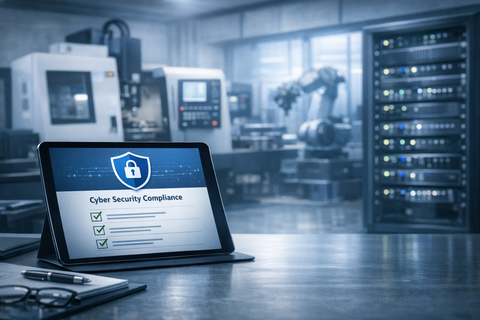 Cyber Essentials v3.3 Danzell manufacturer UK compliance checklist on a tablet in a factory
