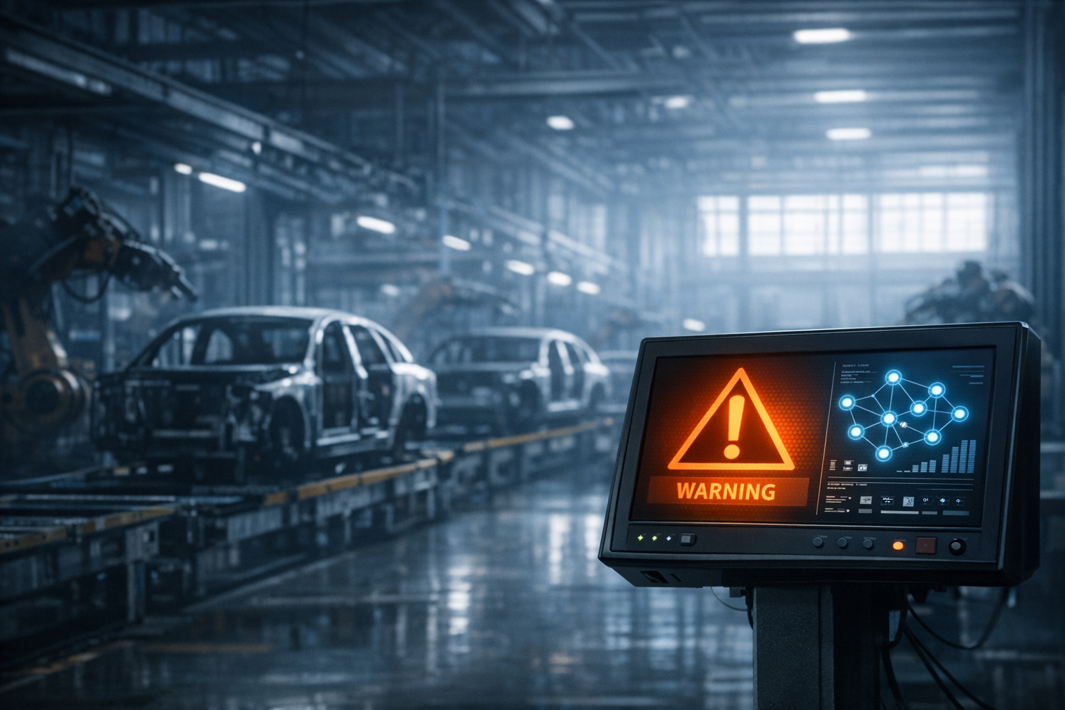 Post JLR ransomware UK manufacturer factory floor with cyber warning panel