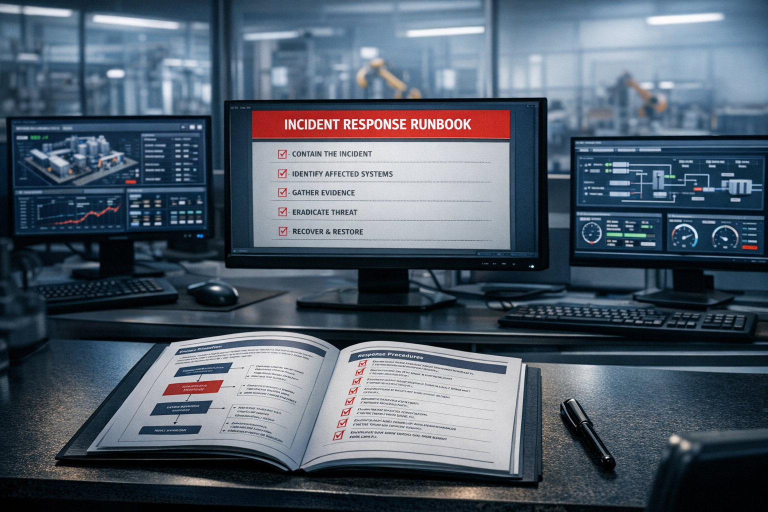 OT ransomware playbook UK manufacturer incident response runbook in factory control room