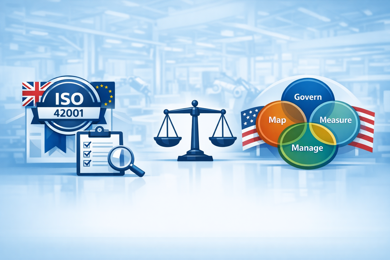 ISO 42001 vs NIST AI RMF manufacturing UK: split illustration showing an ISO 42001 certification badge with UK and EU flag stars and audit checklist on the left, NIST AI RMF Govern Map Measure Manage circles with US flag accent on the right, balanced scales in the centre and UK factory background