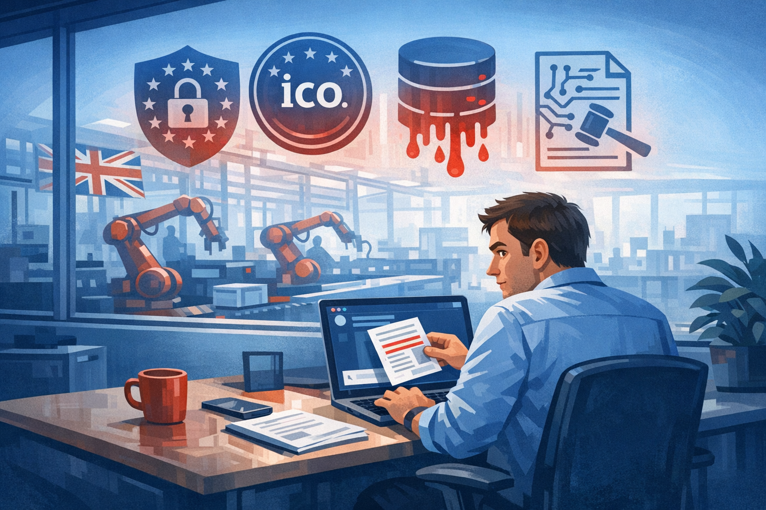 Shadow AI UK manufacturers compliance: UK manufacturing office employee secretly pasting a sensitive document into ChatGPT on a laptop with GDPR shield, ICO badge, data leak and EU AI Act warning icons floating above the desk